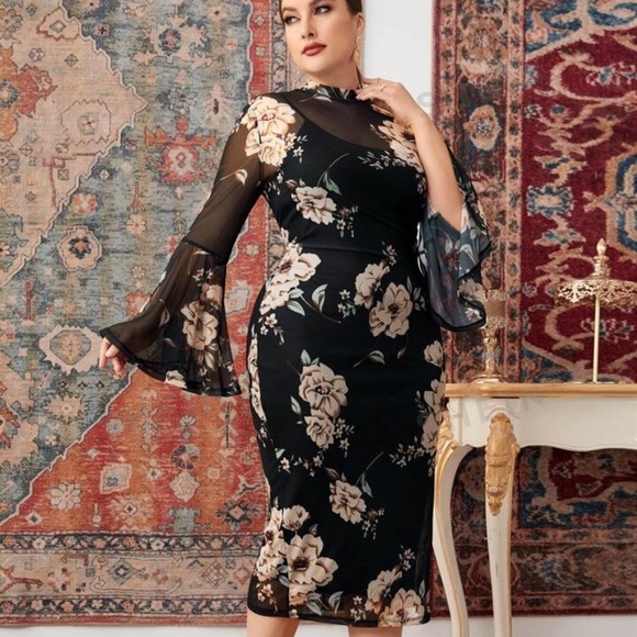 SHEIN Modely Plus Floral Print Trumpet Sleeve Slit Back Mesh Bodycon Dress - Picture 4 of 4